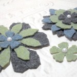 3pc Large Pearl Top Felt Flowers - Green Black and Blue