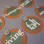 6pc (Fall in Love with Fall) Hanging Scallop Tag Set with Buttons - Thanksgiving Collection