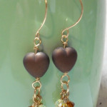 Brown Heart Hanging with Bicones Dangle Earrings