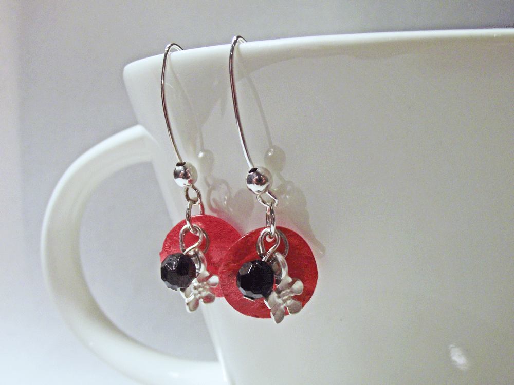 Red MOP Shell Earrings Hanging