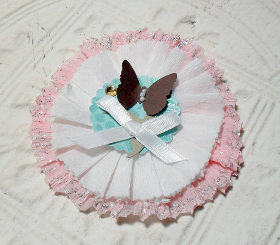 Shabby Chic Pink and White Butterfly Glittered Paper Rosette